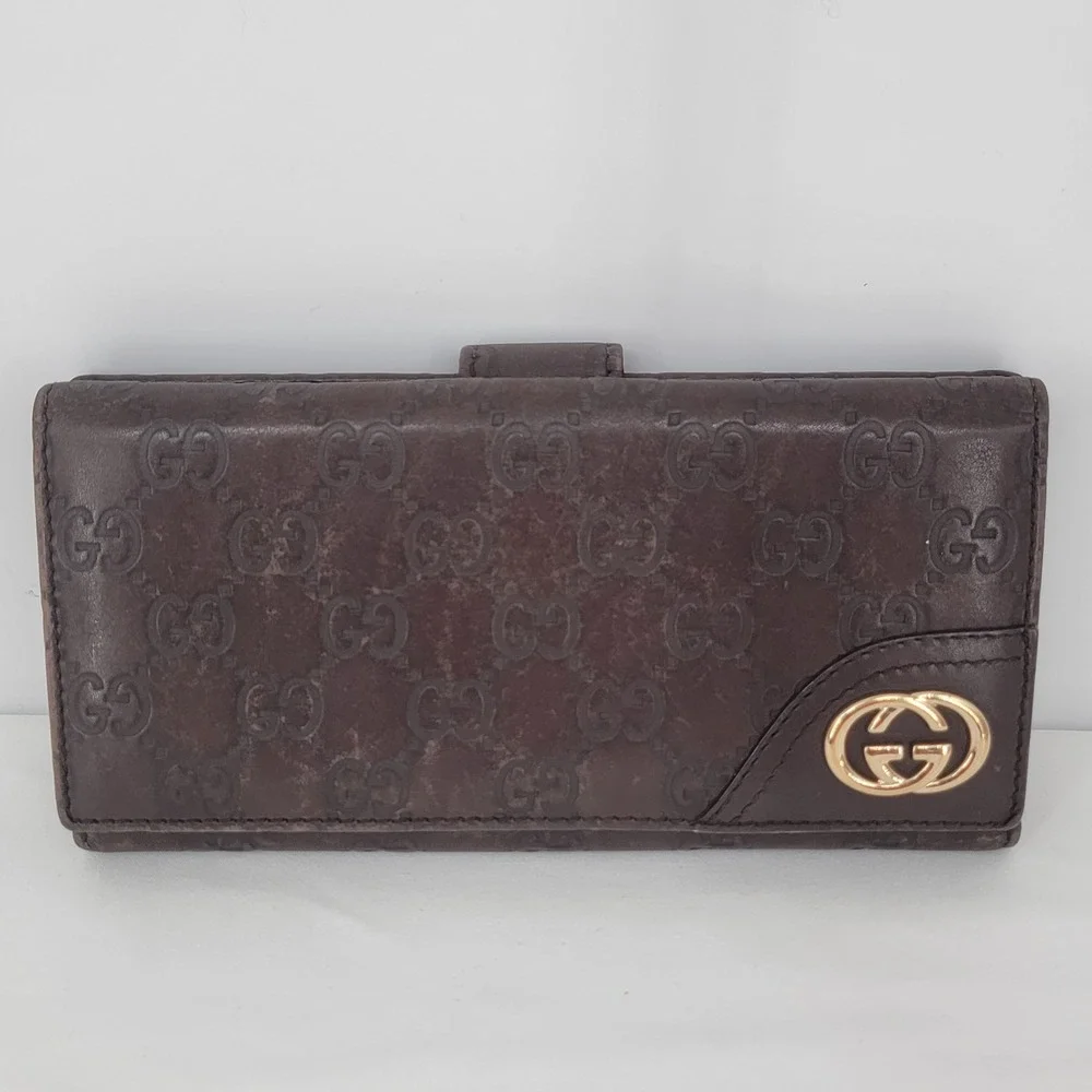AuthenticGucci Guccissima Leather Long Wallet Brown GG Monogram Gold Logo